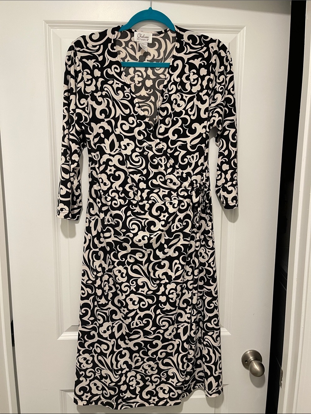Black & White Wrap-Style Midi Dress
